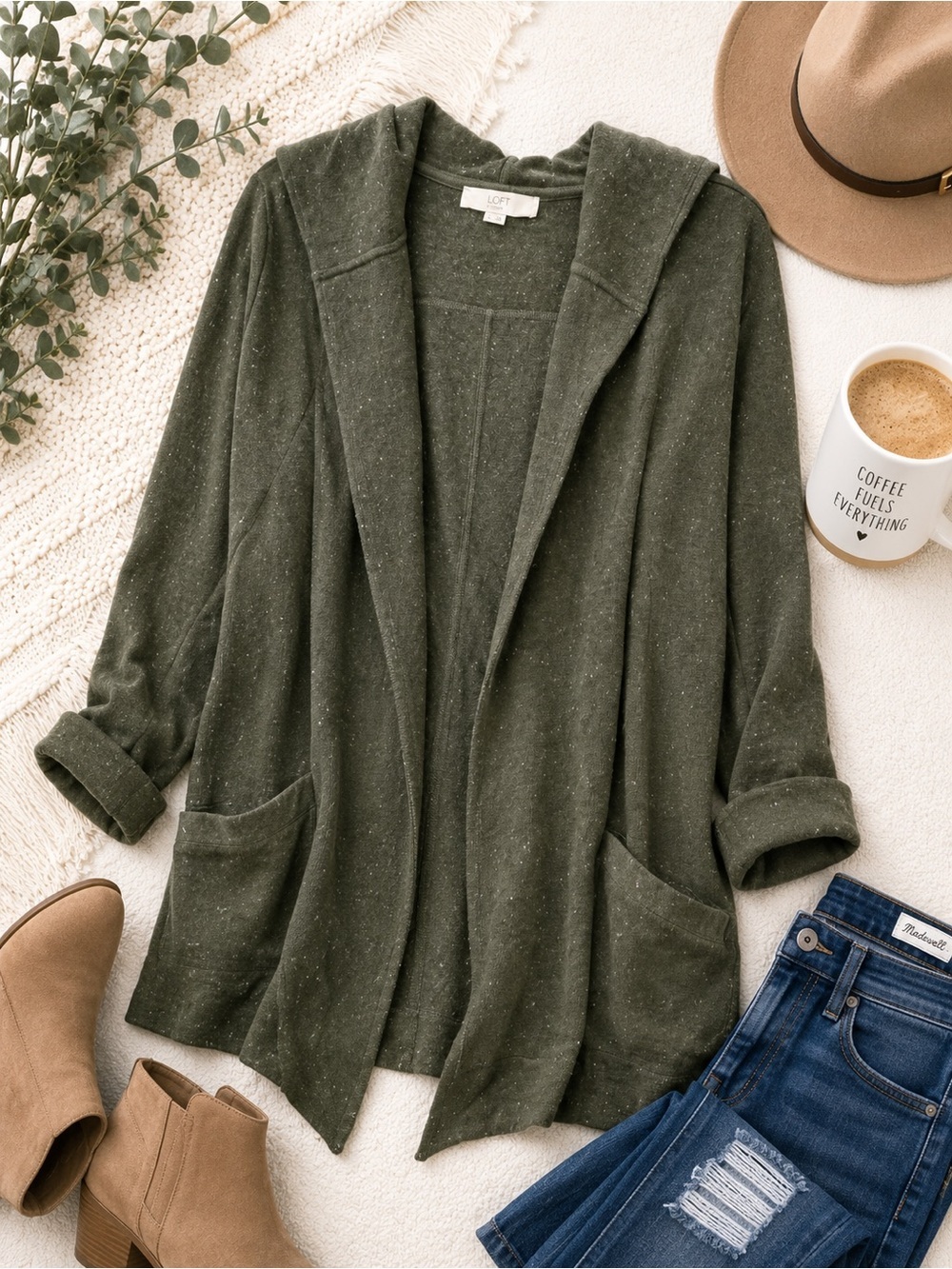 LOFT Olive Green Hooded Open-Front Cardigan